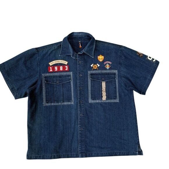 Raw Blue Other - Raw Blue vintage denim short-sleeve button-up shirt with patches Y2K Size 2XL